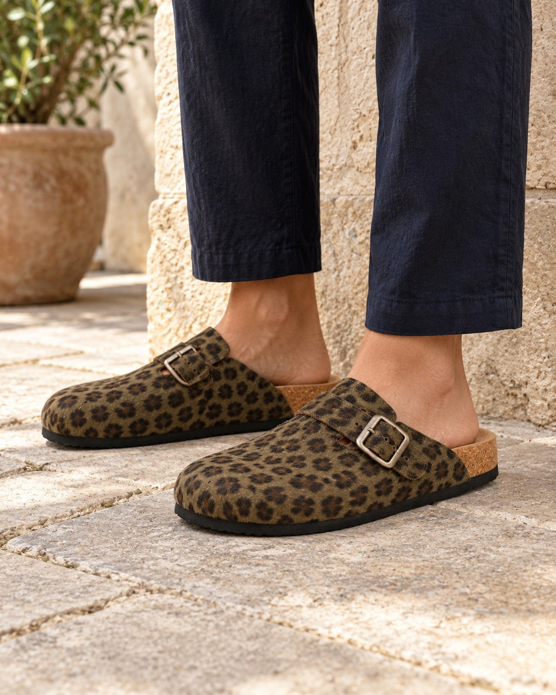 Clogs Leopard Khaki — editorial styling view